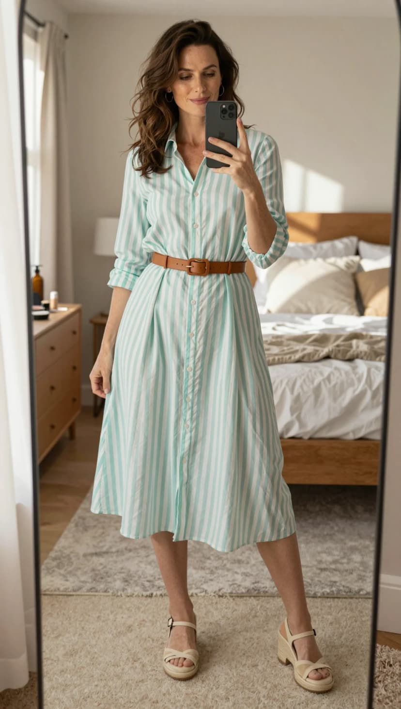 Aqua Stripe Cotton Shirt Dress + Tan Leather Belt + Cream Wedge Espadrilles