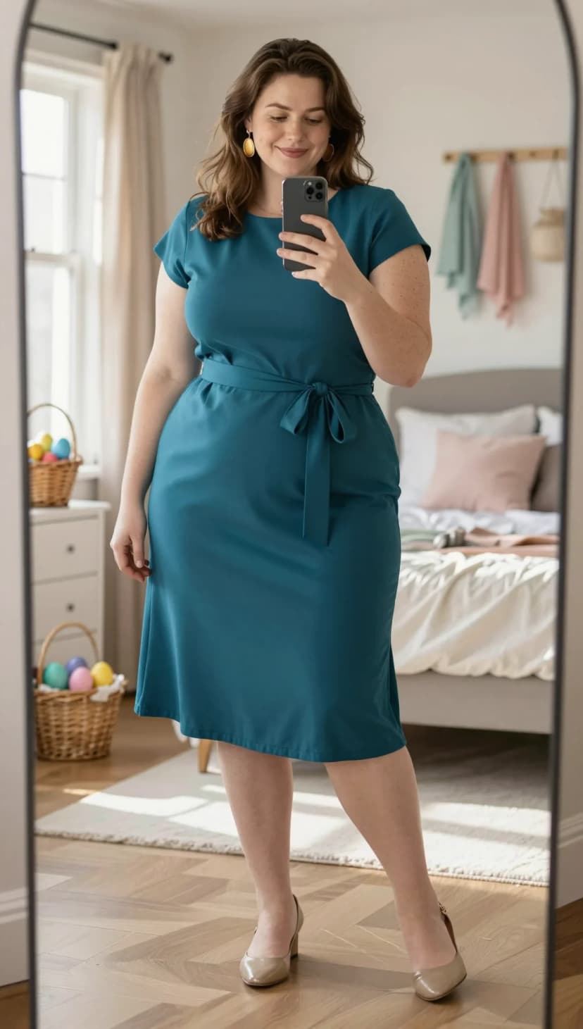 Teal Jersey Midi Dress + Nude Block Heels + Gold Oval Earrings