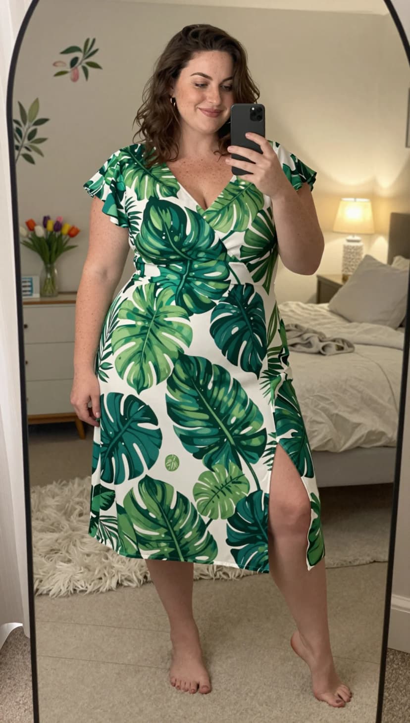 White Monstera Print Wrap Dress
