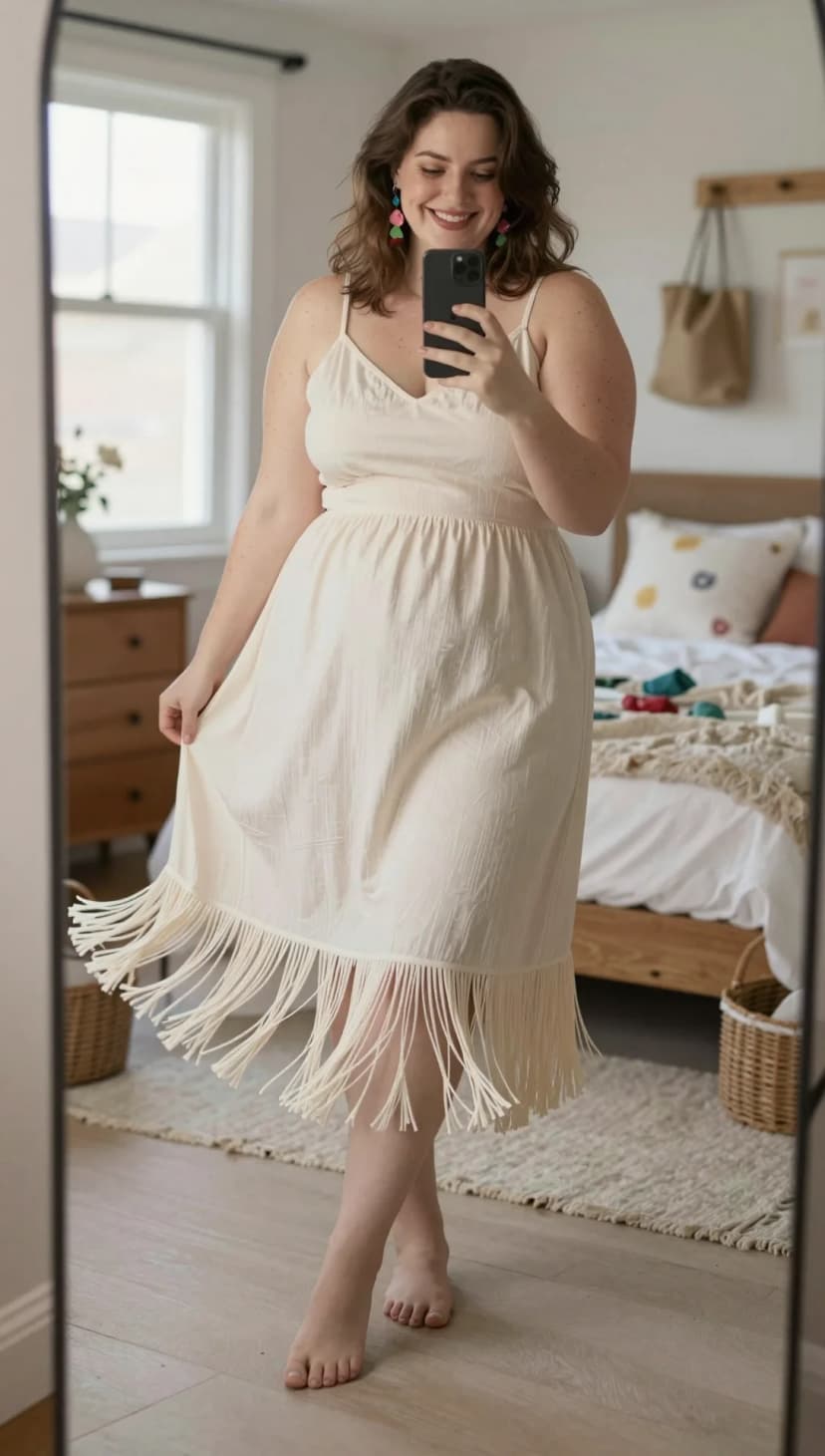 Cream Textured Cotton Sundress + Colorful Geometric Earrings