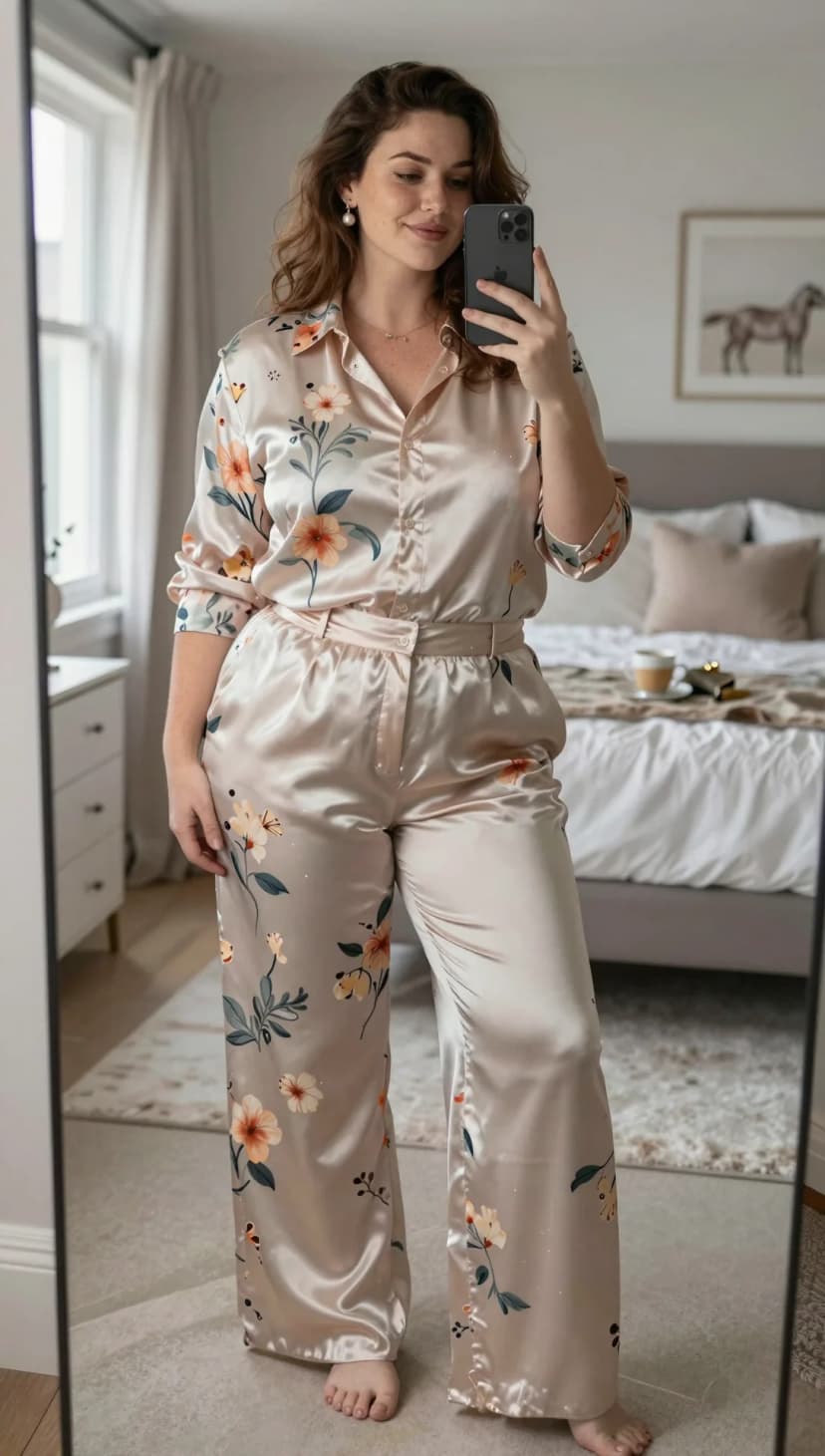 Champagne Floral Satin Button-Down Shirt + Champagne Floral Satin Wide-Leg Trousers
