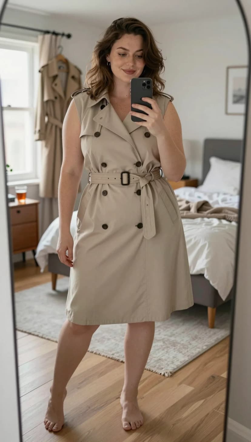 Beige Sleeveless Trench Dress