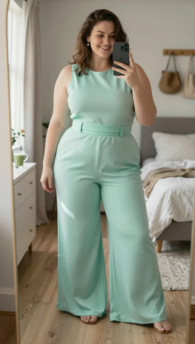 Mint Crepe Sleeveless Top + Mint Crepe Wide-Leg Trousers