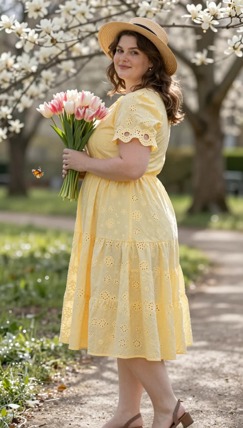 Yellow Eyelet Cotton Midi Dress + Straw Hat + Brown Block Heel Sandals