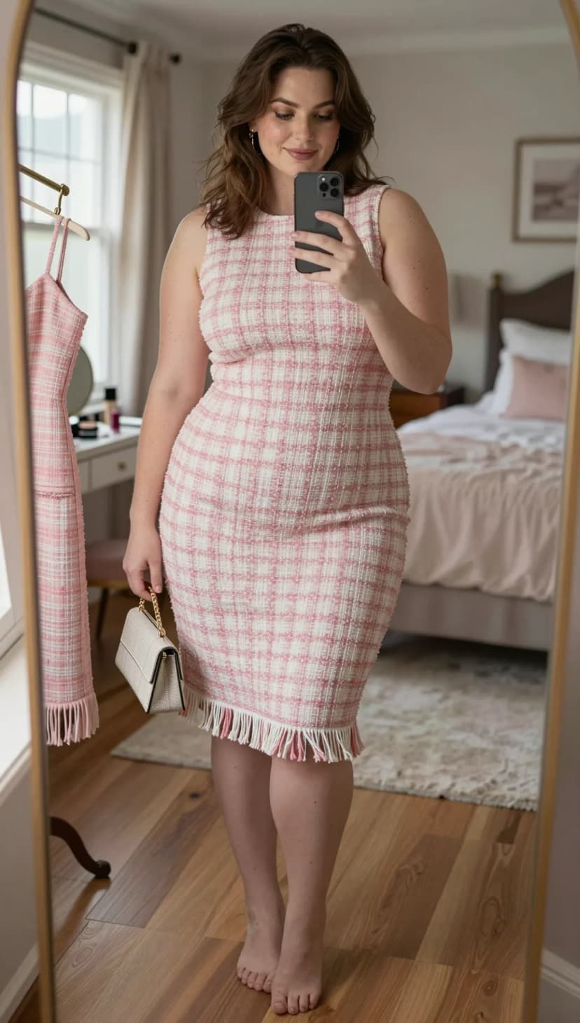 Pink Plaid Tweed Sheath Dress + Off-White Structured Handbag