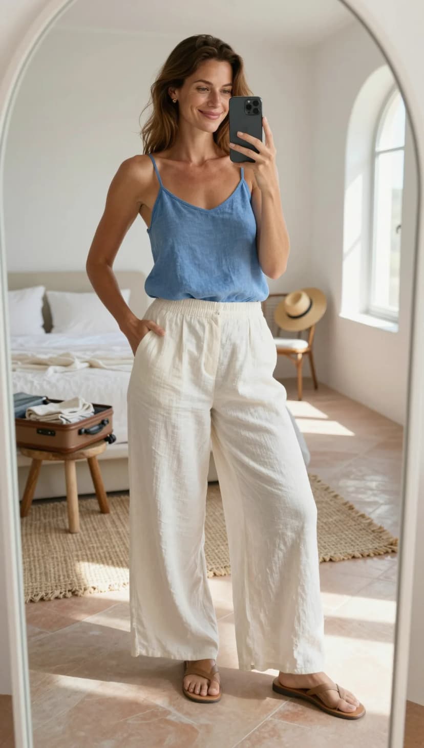 Blue Linen Camisole + Cream Linen Wide-Leg Trousers + Brown Leather Sandals