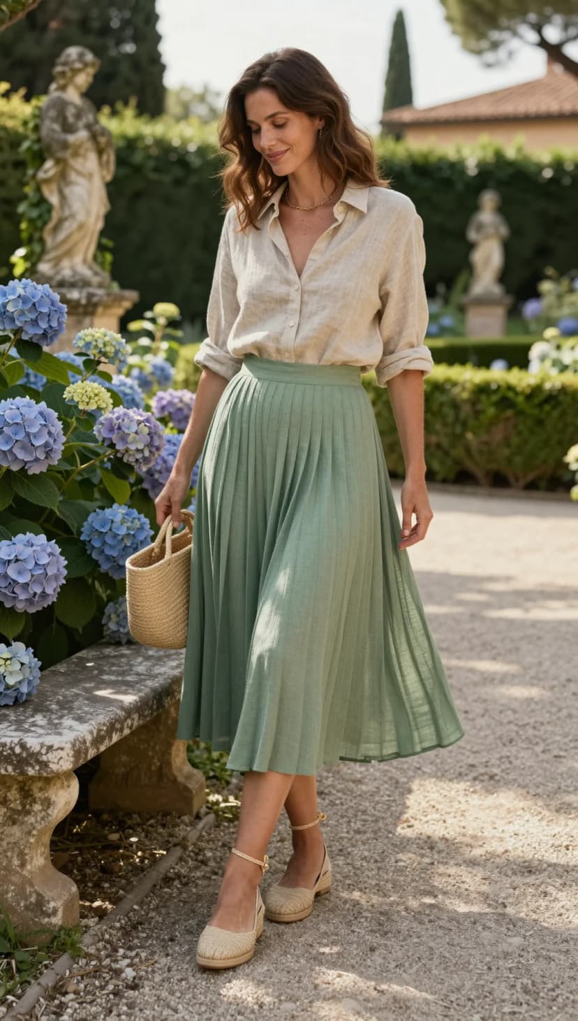 Natural Linen Button-Up Shirt + Sage Pleated Midi Skirt + Natural Espadrille Flats