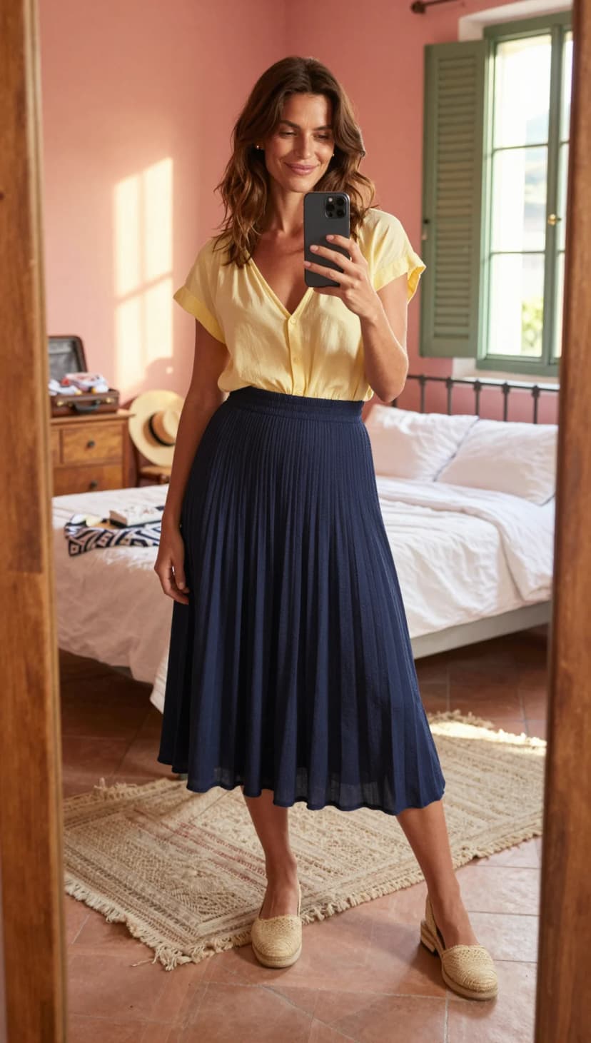 Yellow Linen Button-Up Top + Navy Pleated Midi Skirt + Natural Espadrille Flats
