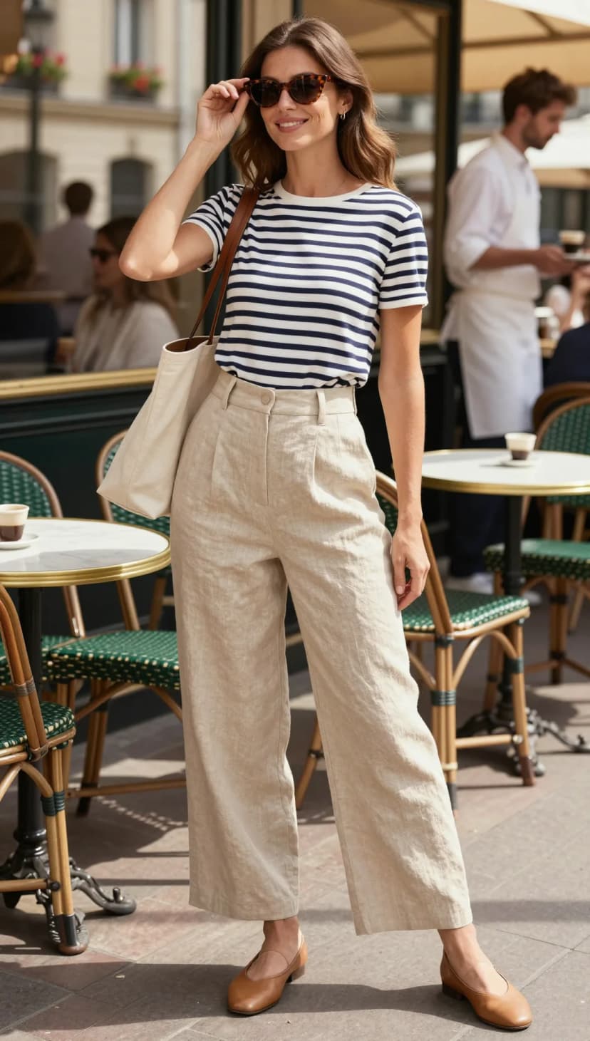 Navy Striped Cotton T-shirt + Beige Linen Wide-Leg Trousers + Brown Leather Ballet Flats