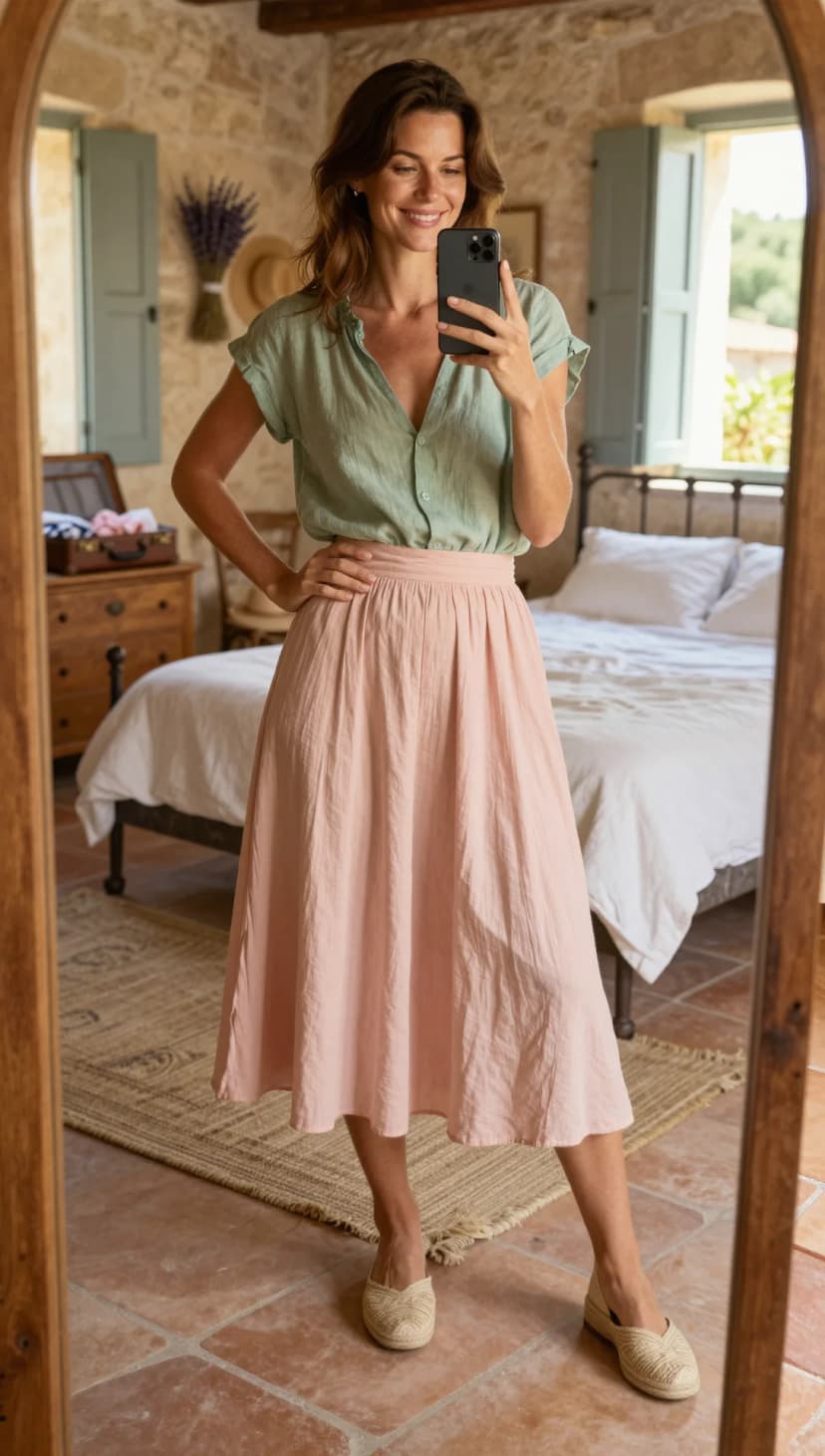 Sage Linen Button-Up Top + Pale Pink Linen Midi Skirt + Natural Woven Espadrilles