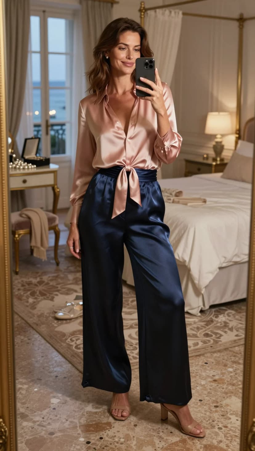 Blush Satin Wrap Blouse + Navy Wide-Leg Silk Trousers