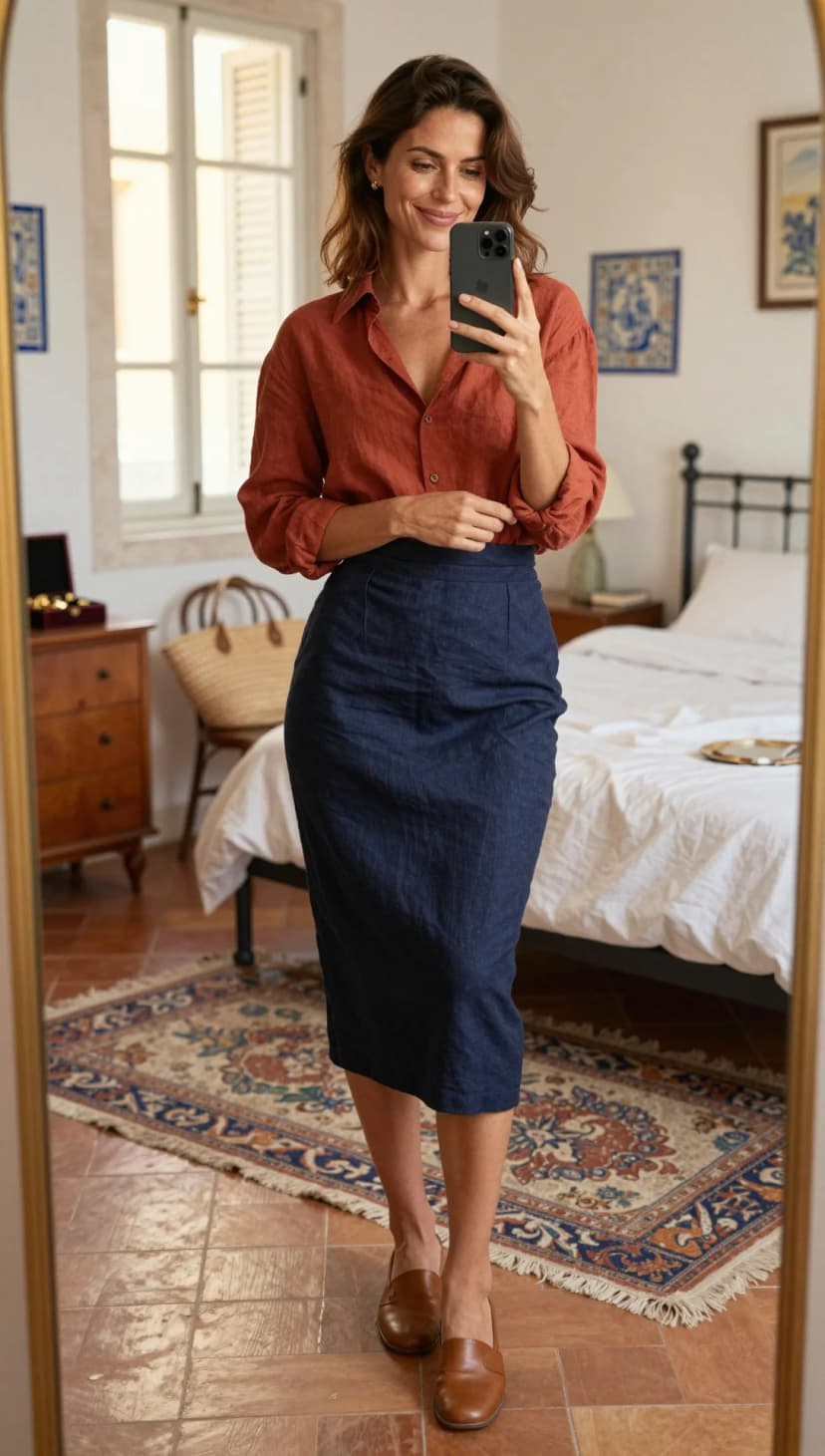 Rust Linen Button-Up Shirt + Navy Linen Pencil Skirt + Brown Leather Loafers