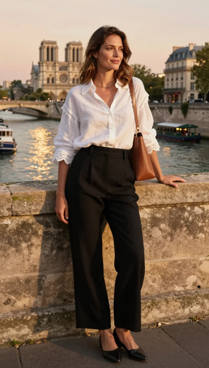 White Lace Trim Cotton Shirt + Black Linen Blend Trousers + Black Leather Pointed-Toe Heels