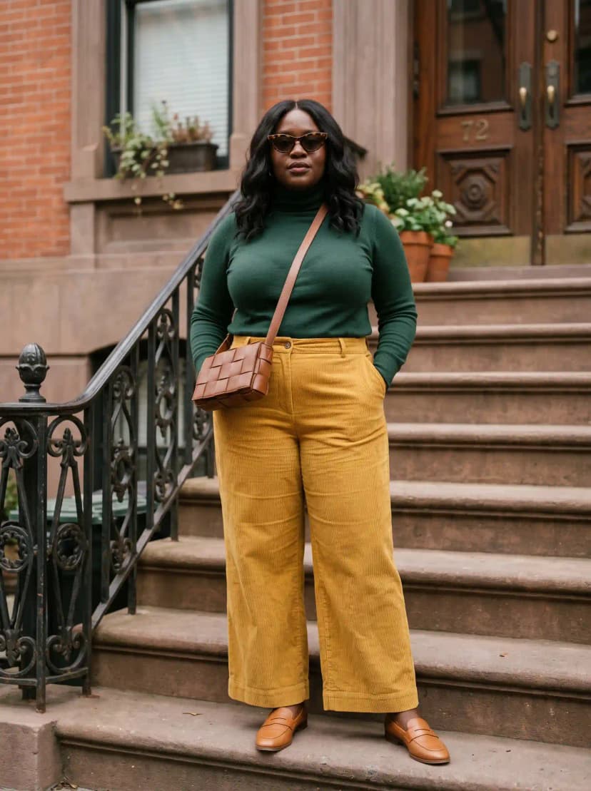 Green Turtleneck + Mustard Corduroy Pants