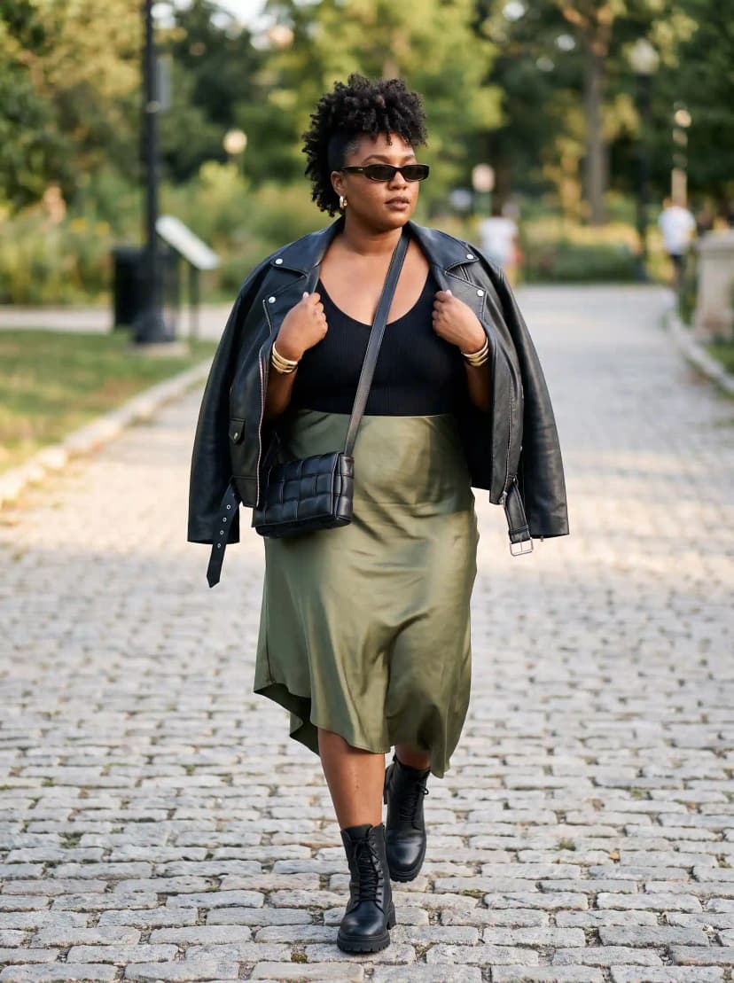 Black Tank + Olive Satin Skirt + Leather Moto Jacket