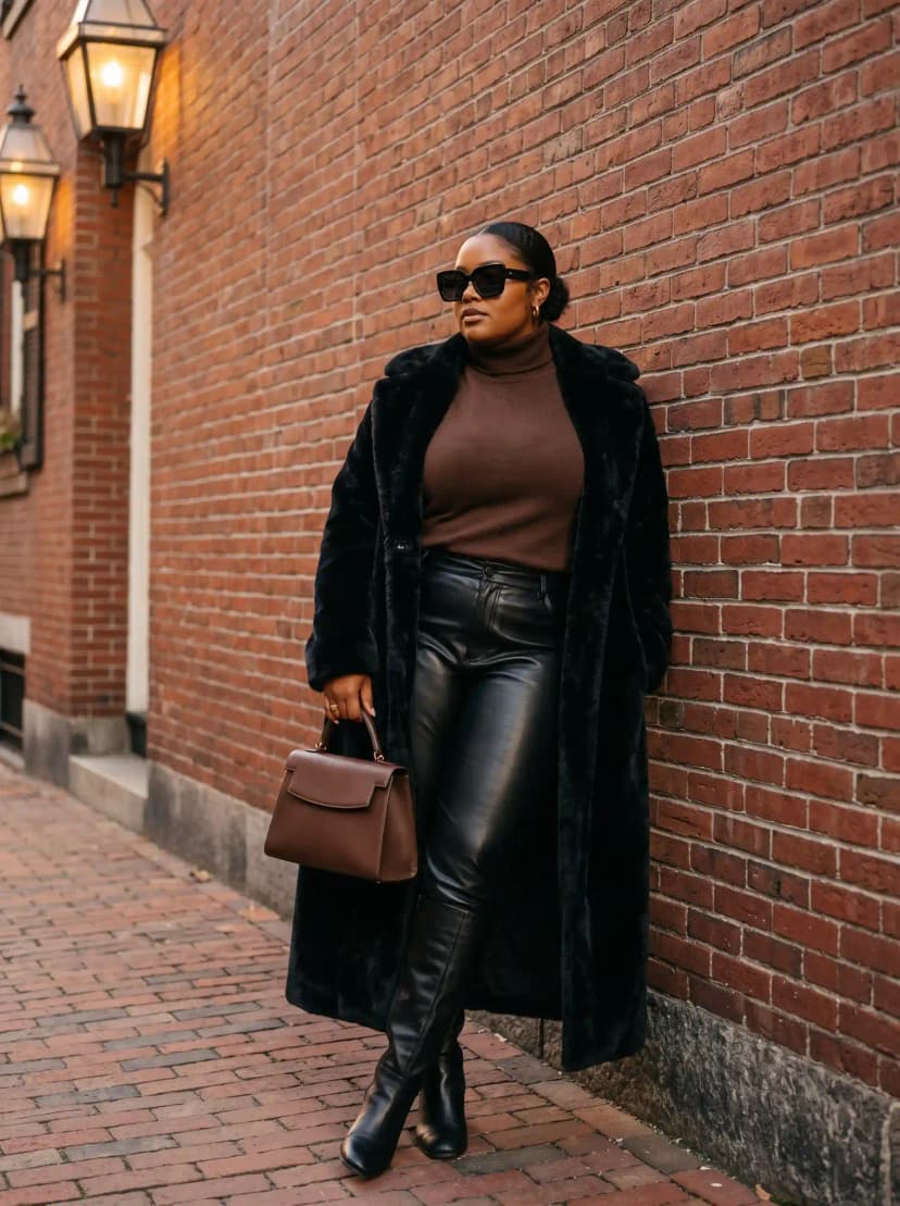 Brown Turtleneck + Black Faux Leather Pants + Faux Fur Coat