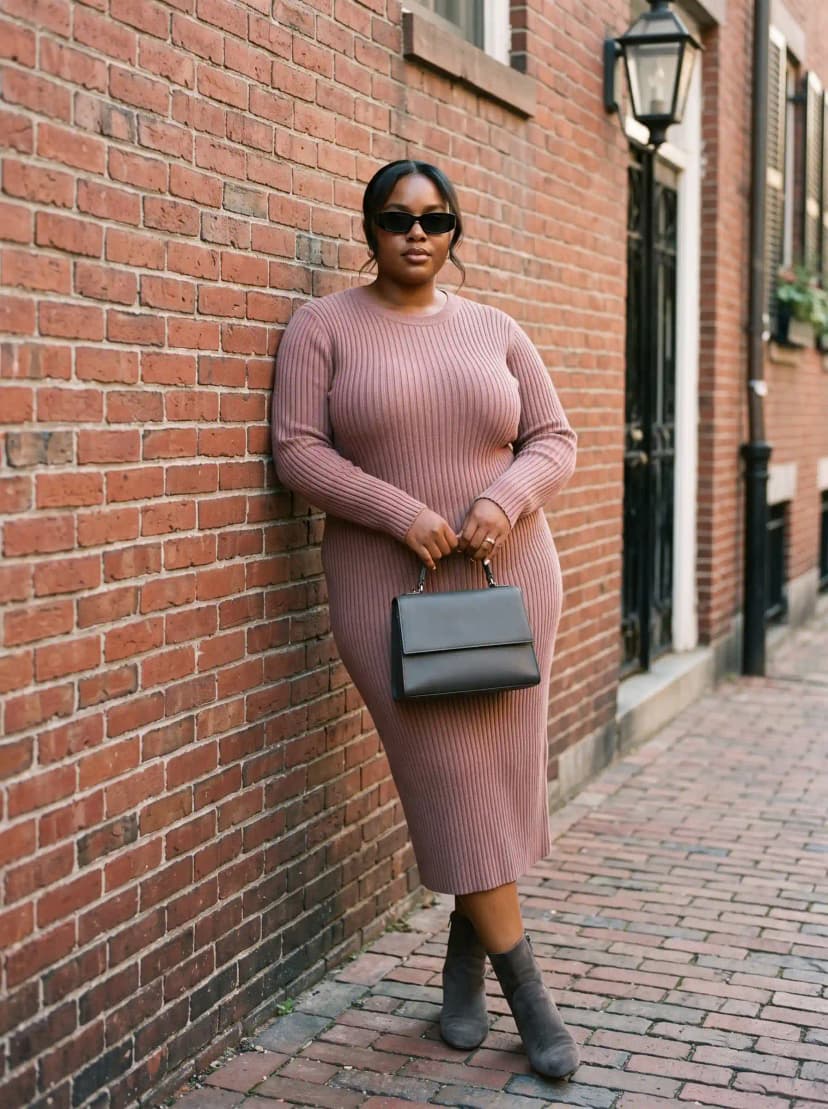Dusty Mauve Ribbed Dress + Grey Ankle Boots