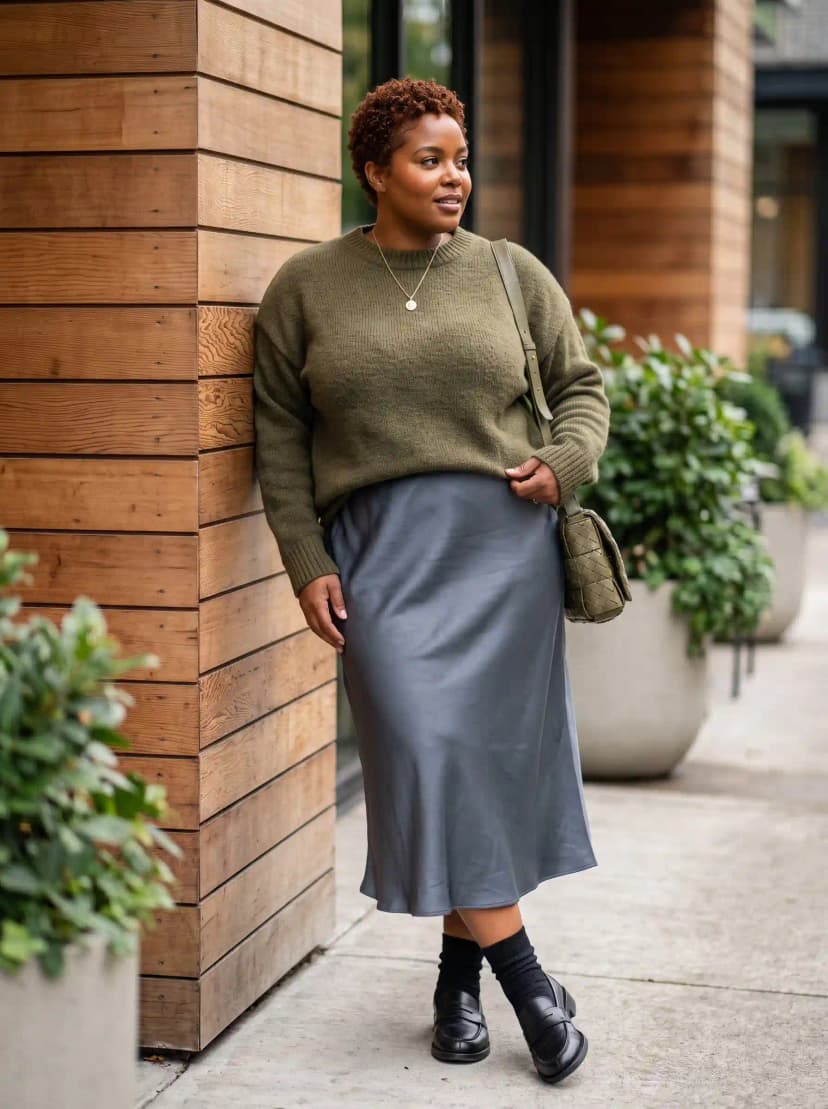 Olive Sweater + Grey Satin Slip Skirt