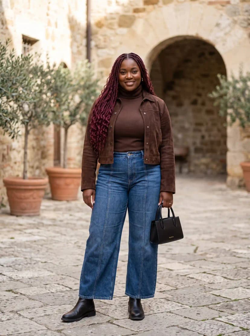 Brown Turtleneck + Suede Jacket + Wide-Leg Jeans