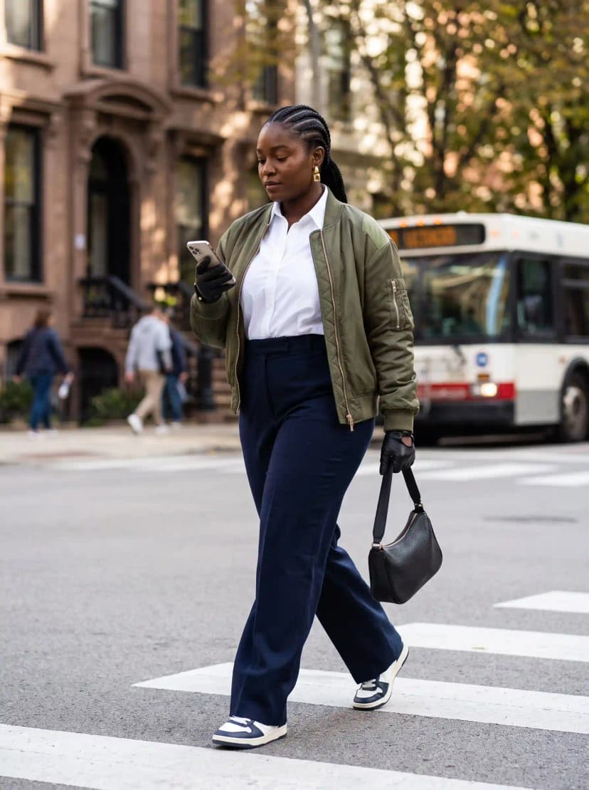 White Button-Down + Olive Bomber + Navy Trousers