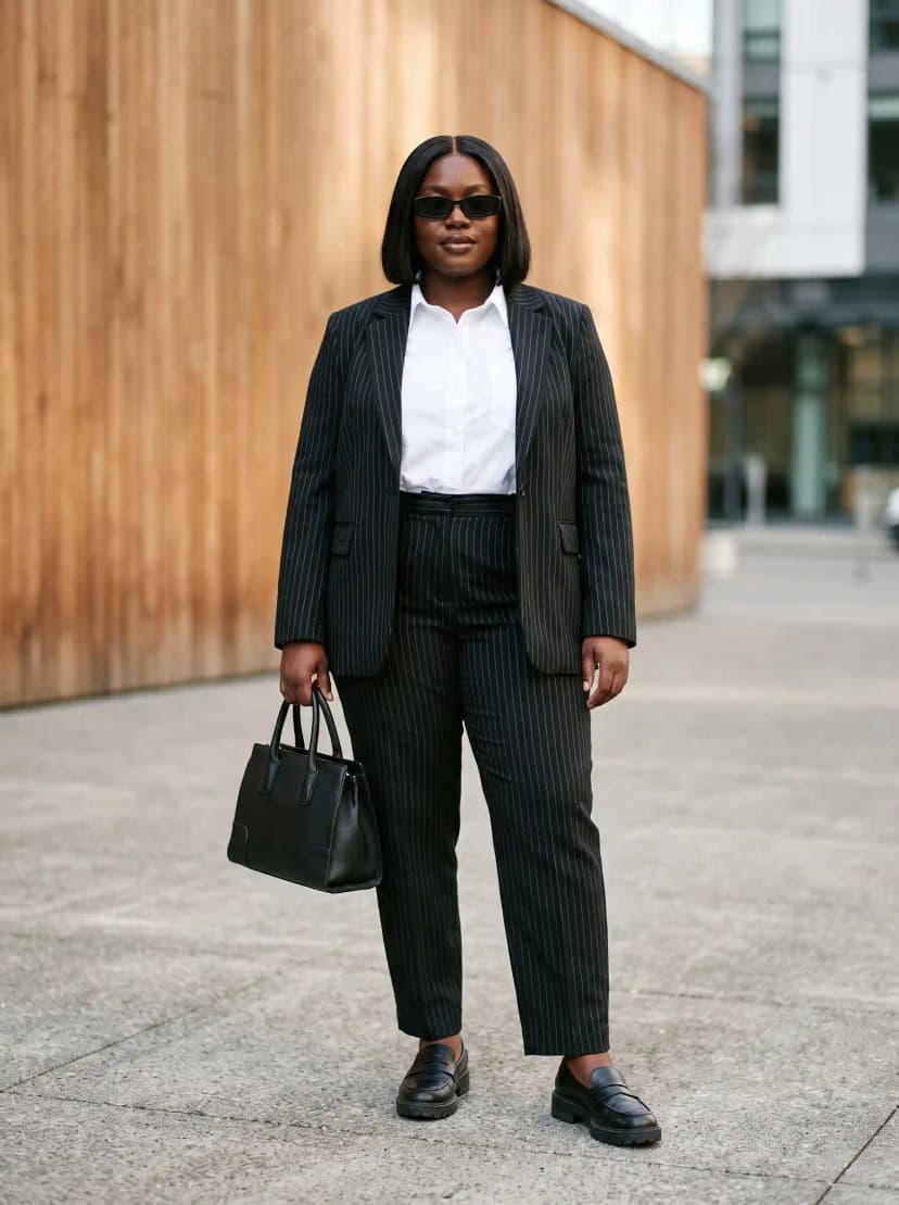 Black Pinstripe Suit + White Button-Down