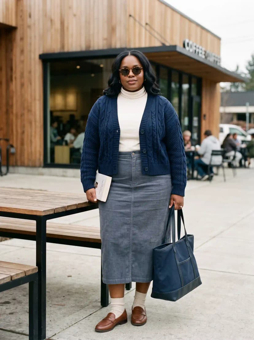 Navy Cardigan + Cream Turtleneck + Grey Corduroy Skirt