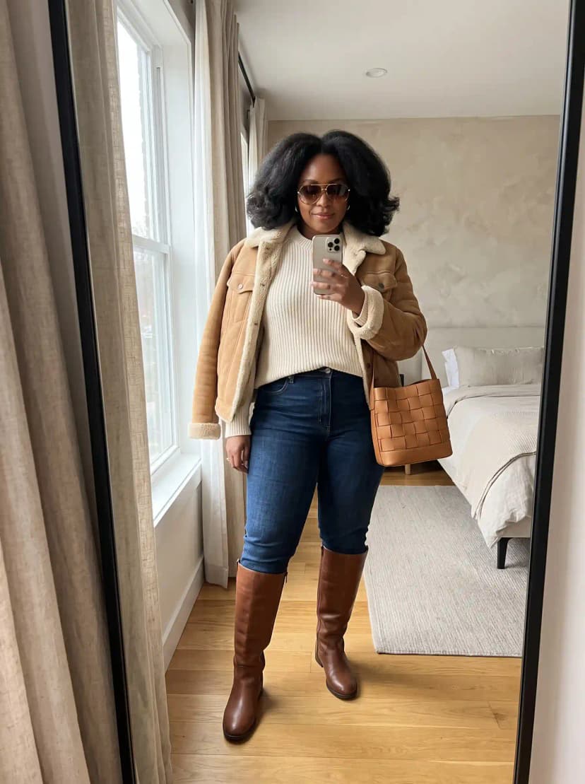Tan Shearling Jacket + Cream Sweater + Blue Jeans