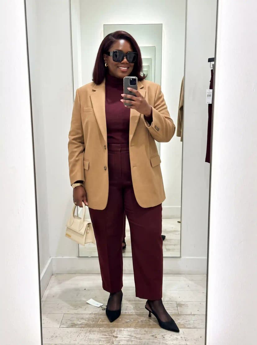 Burgundy Turtleneck + Camel Blazer + Burgundy Trousers