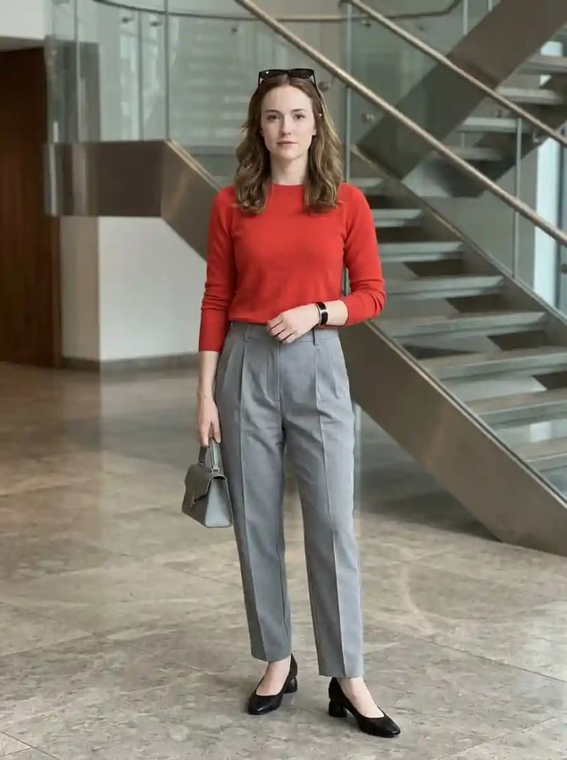 Bright red crewneck sweater, light grey pleated trousers, and black block-heel pumps