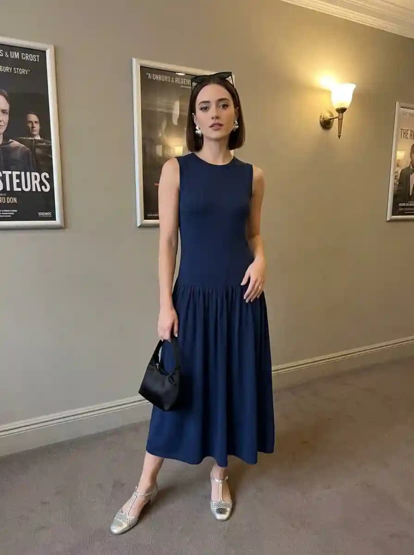 Navy sleeveless midi dress, silver metallic T-strap flats, and small black handbag