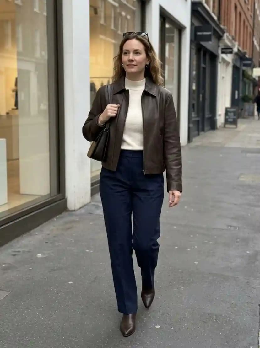 Cream turtleneck sweater, navy wide-leg trousers, brown leather jacket, and dark brown ankle boots