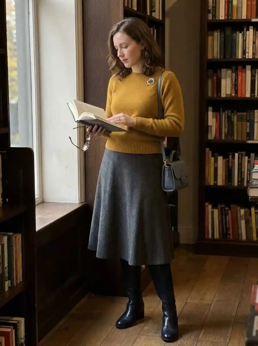 Mustard yellow cable-knit sweater, grey patterned midi skirt, and dark knee-high boots