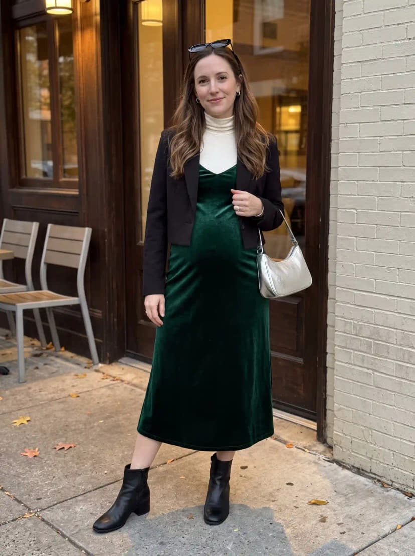 Black blazer, white turtleneck, green velvet midi dress, and black ankle boots