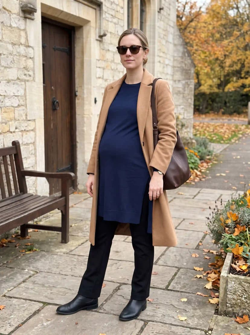 Camel longline coat, navy knit dress, black pants, black ankle boots, and brown shoulder bag