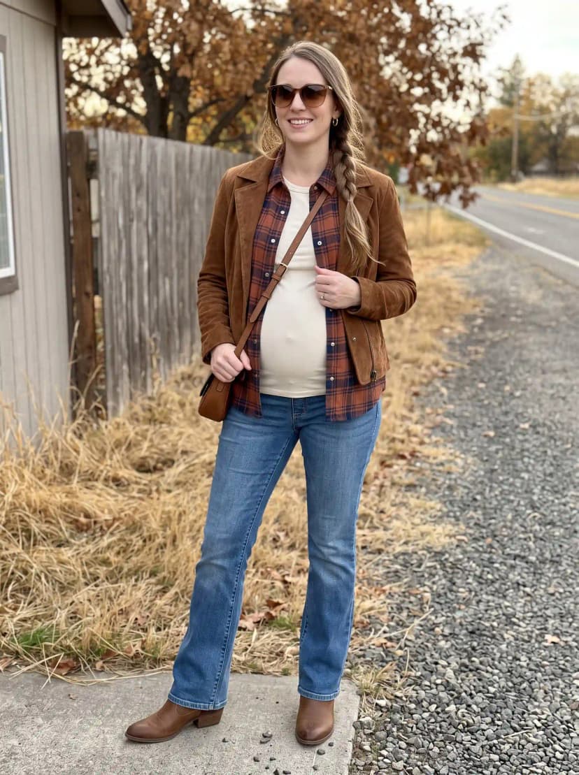 Tan suede jacket, rust plaid flannel shirt, cream maternity top, medium wash bootcut jeans, and brown ankle boots