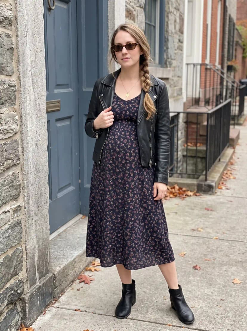 Black leather moto jacket, navy floral midi dress, and black ankle boots