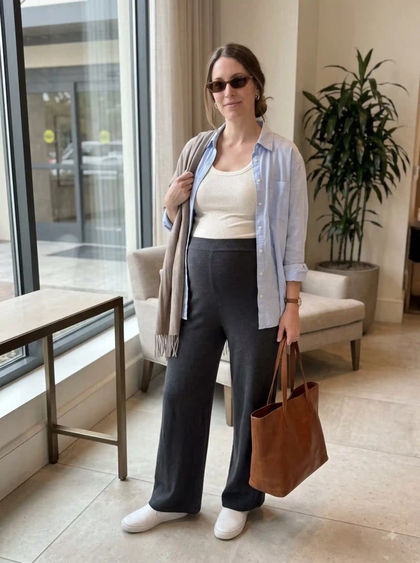 Light blue button-down shirt, white ribbed tank, dark grey wide-leg pants, and white sneakers
