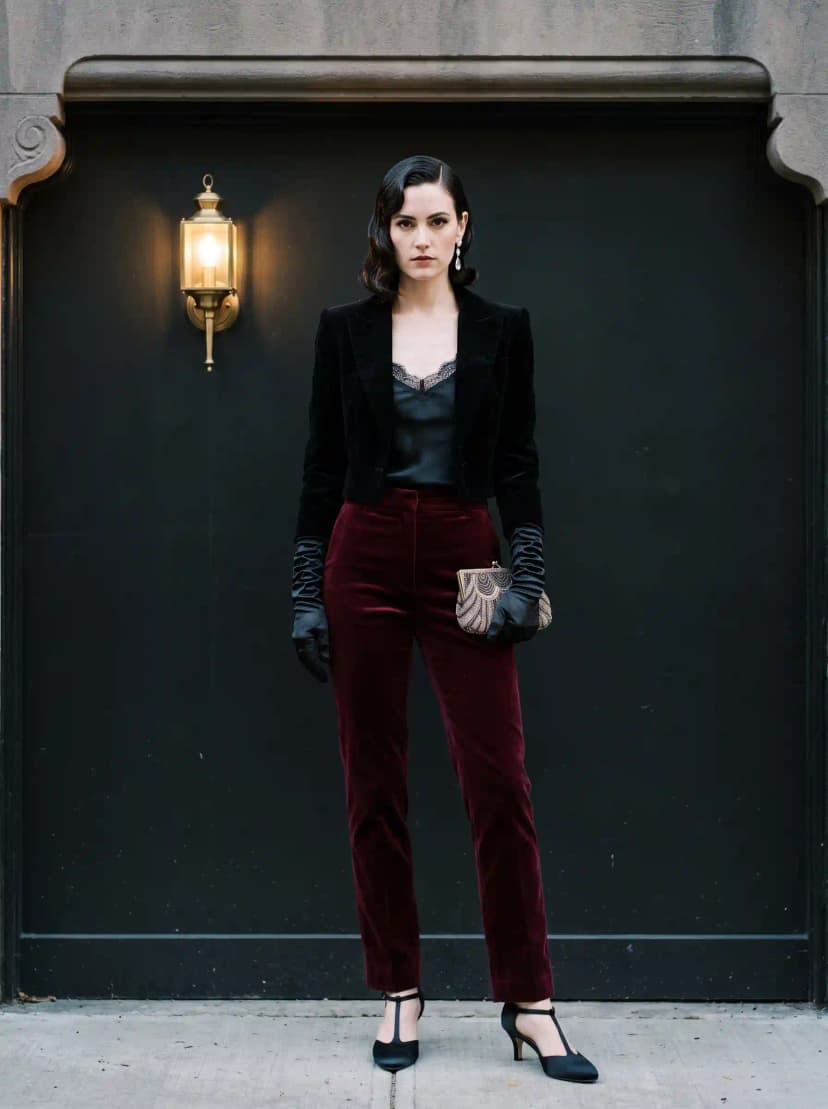 Black velvet cropped blazer, black satin camisole, burgundy velvet trousers, and black T-strap heels