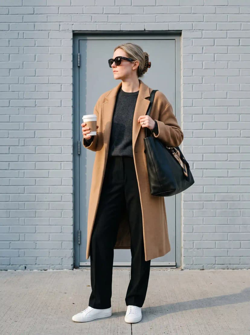 Camel longline coat, charcoal grey crewneck sweater, black wide-leg trousers, white sneakers, and black leather tote
