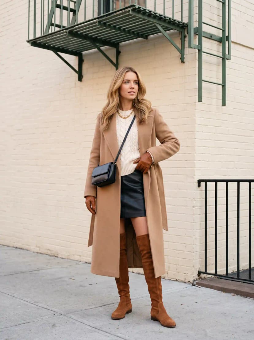 Camel longline coat, cream cable-knit sweater, black leather mini skirt, and cognac over-the-knee suede boots
