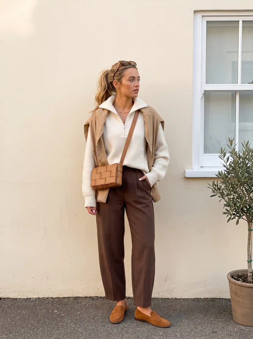 Cream ribbed half-zip sweater, camel sweater draped over shoulders, chocolate brown tailored trousers, and tan suede loafers