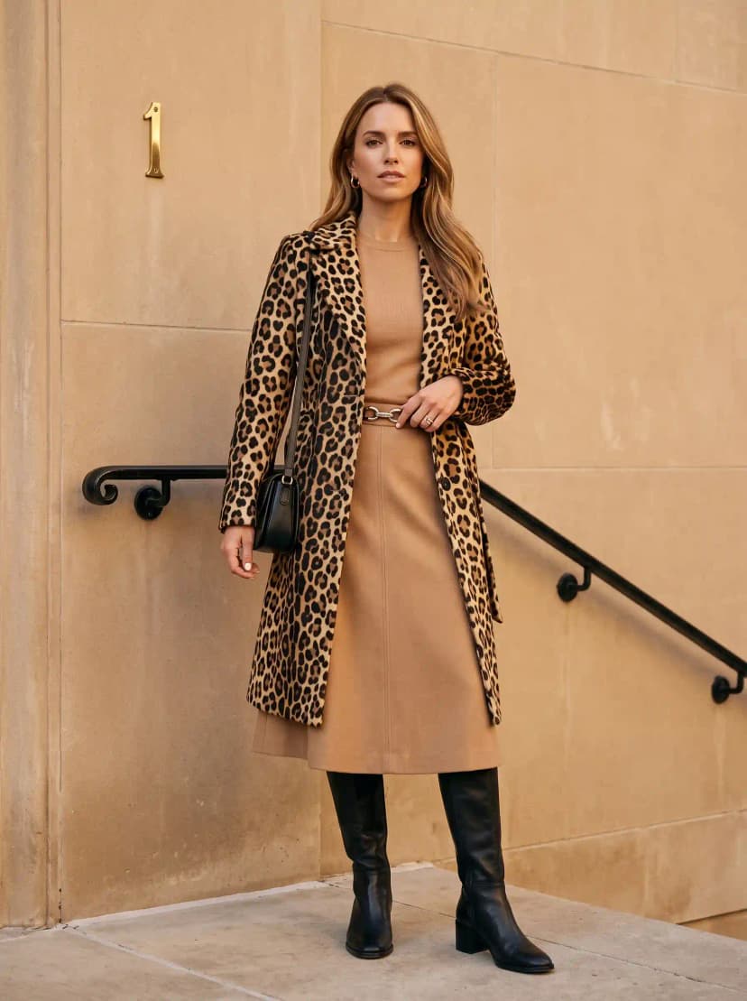 Tan ribbed knit midi dress, leopard print overcoat, black knee-high boots, and black structured crossbody bag