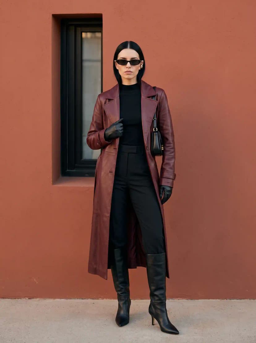 Black ribbed turtleneck, black slim trousers, burgundy leather trench coat, black knee-high stiletto boots, and black leather gloves