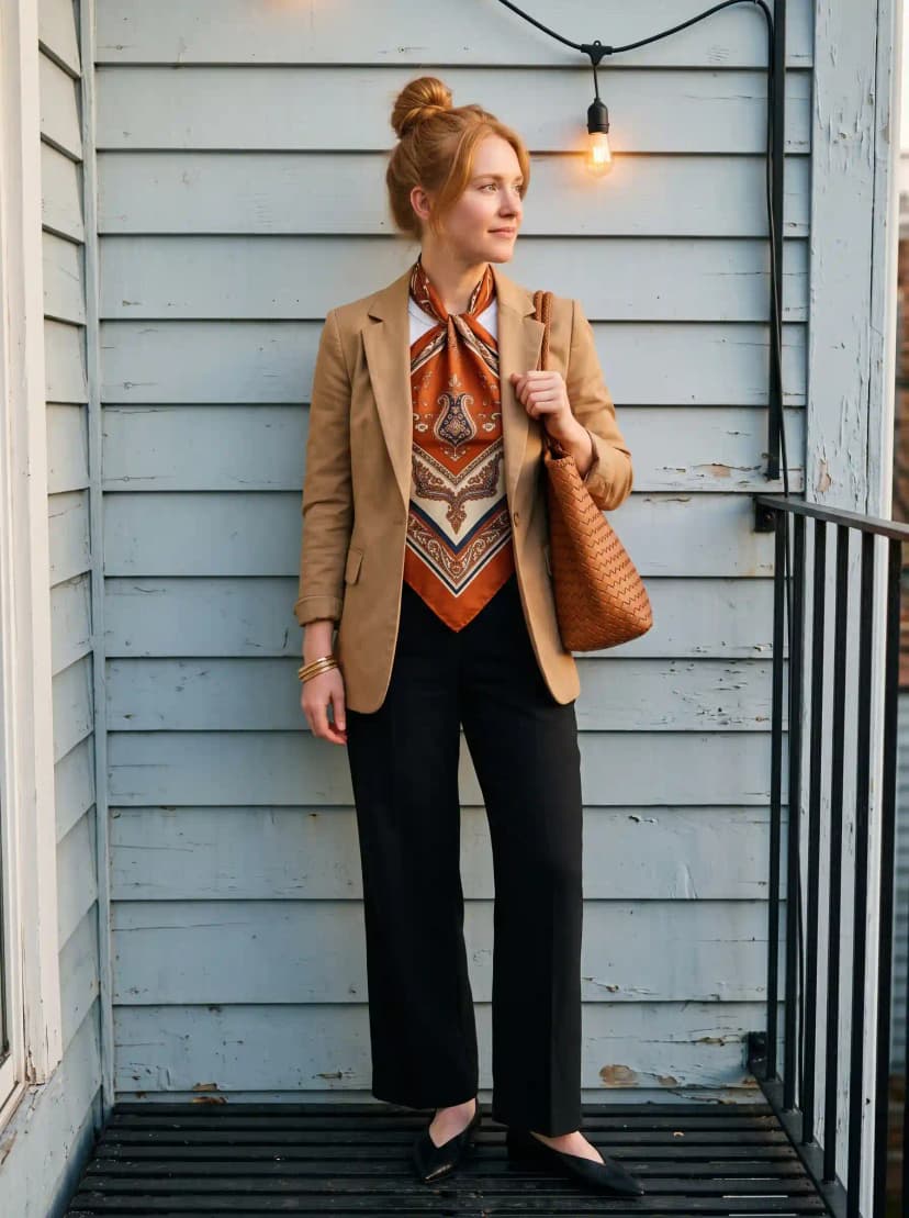 White button-down shirt, black wide-leg trousers, tan single-breasted blazer, rust paisley silk scarf, and tan woven leather shoulder bag