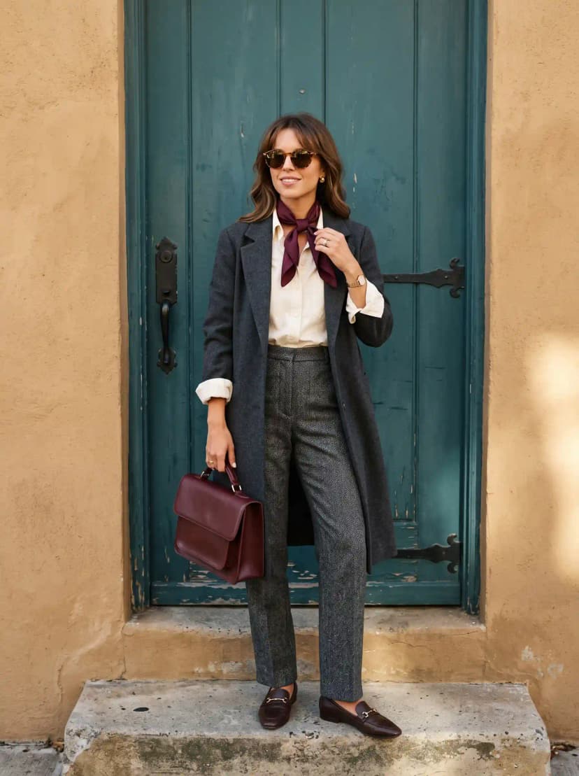 Dark Grey Longline Blazer + Cream Blouse + Grey Herringbone Trousers