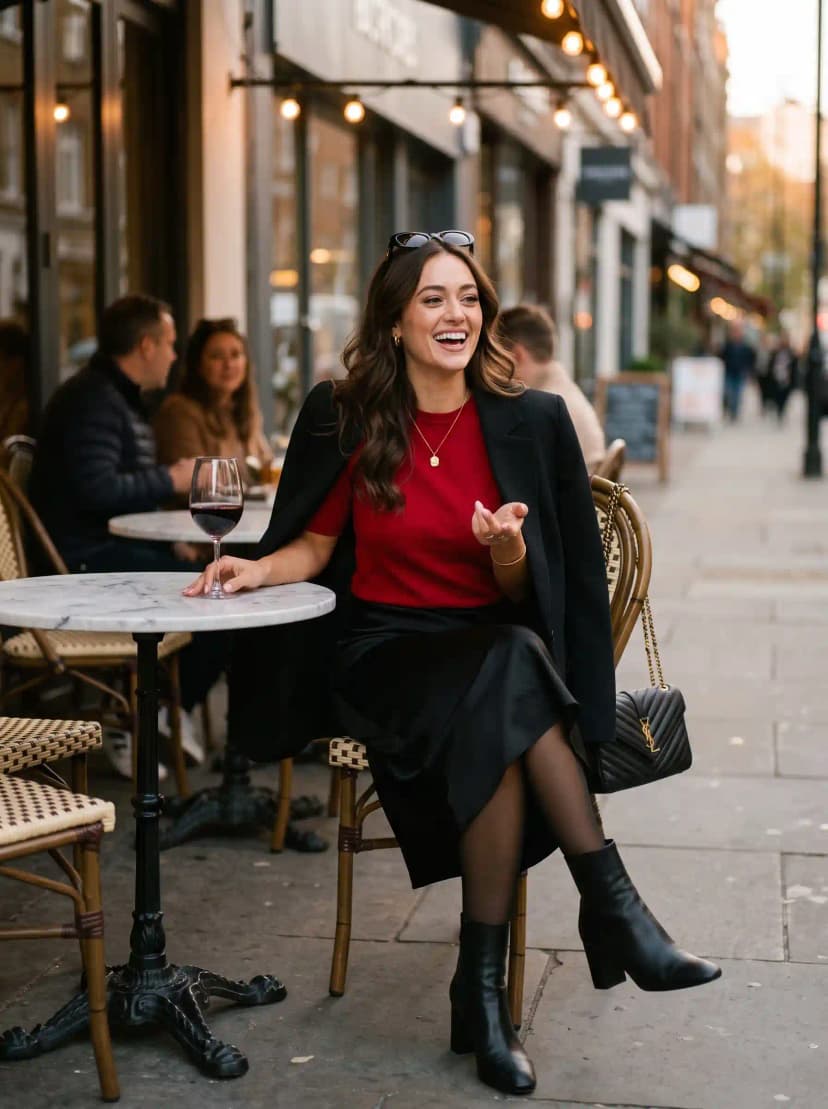 Black Blazer + Red Top + Black Satin Midi Skirt