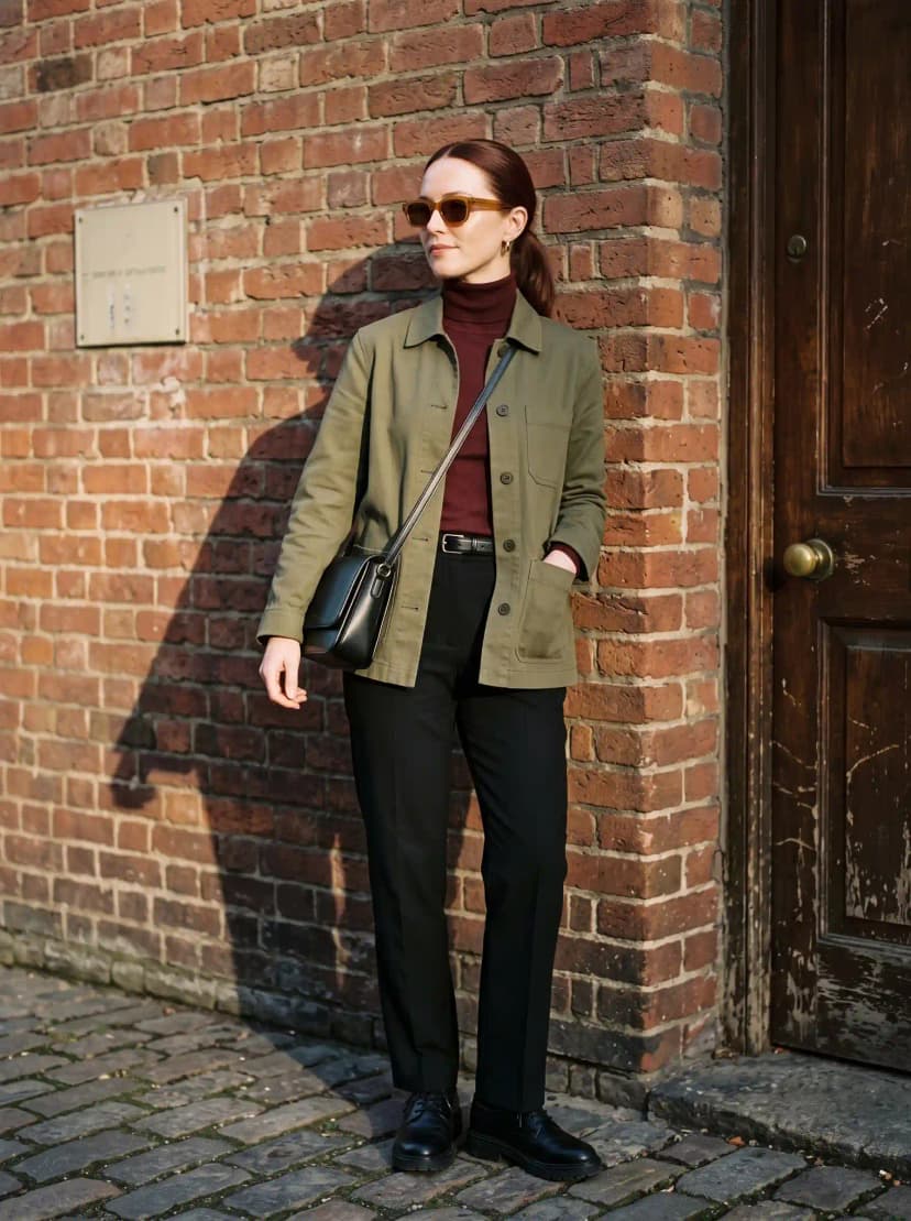 Olive Utility Jacket + Burgundy Turtleneck + Black Trousers
