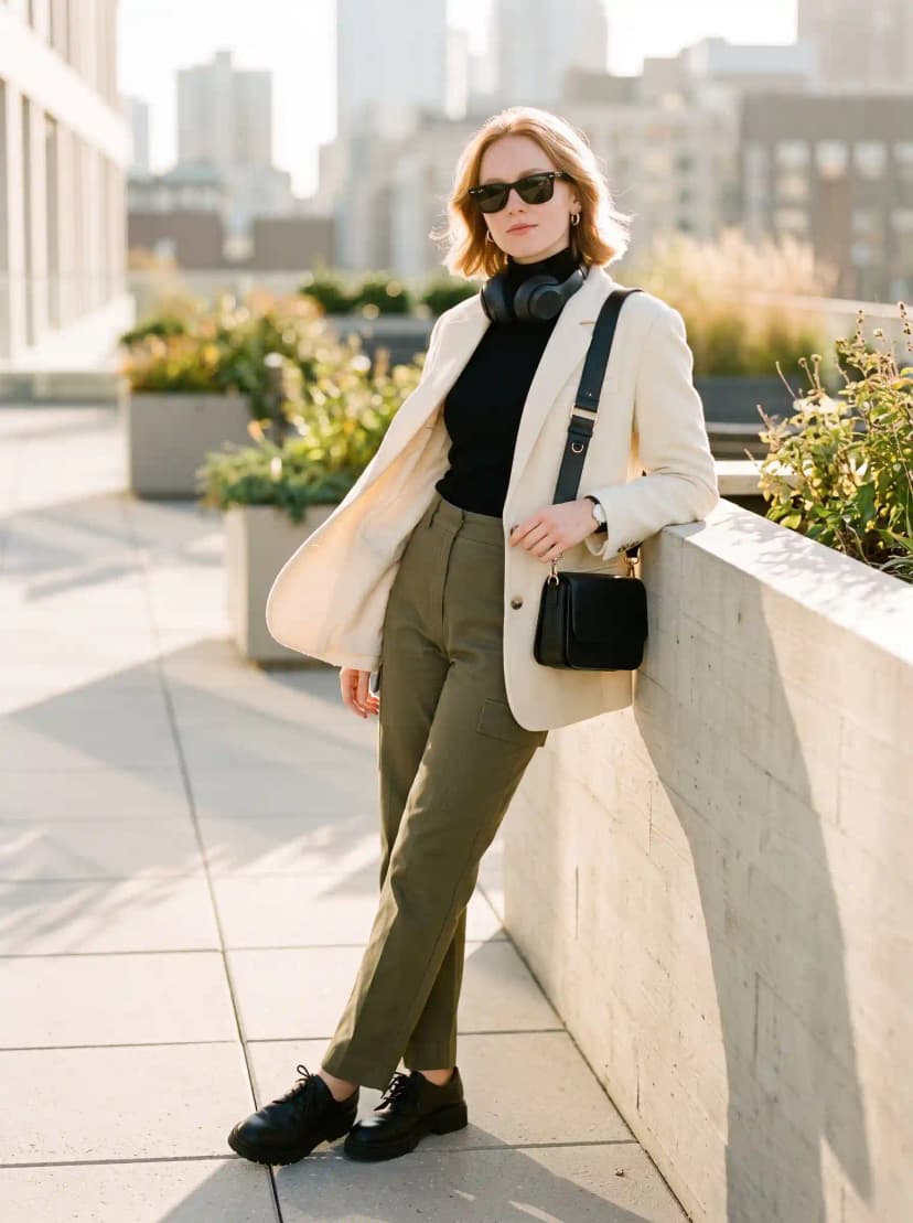Cream Blazer + Black Turtleneck + Olive Cargo Pants
