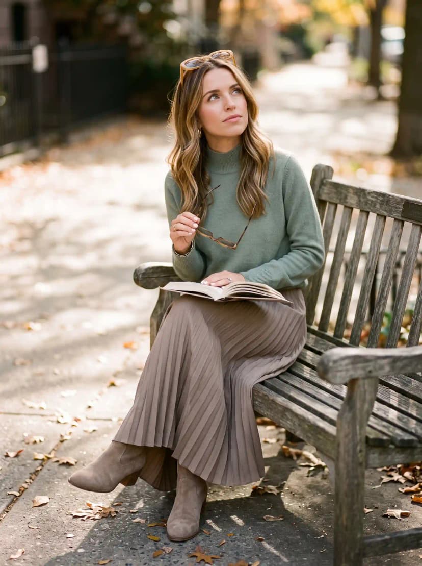 Sage Green Mock-Neck Sweater + Taupe Pleated Midi Skirt