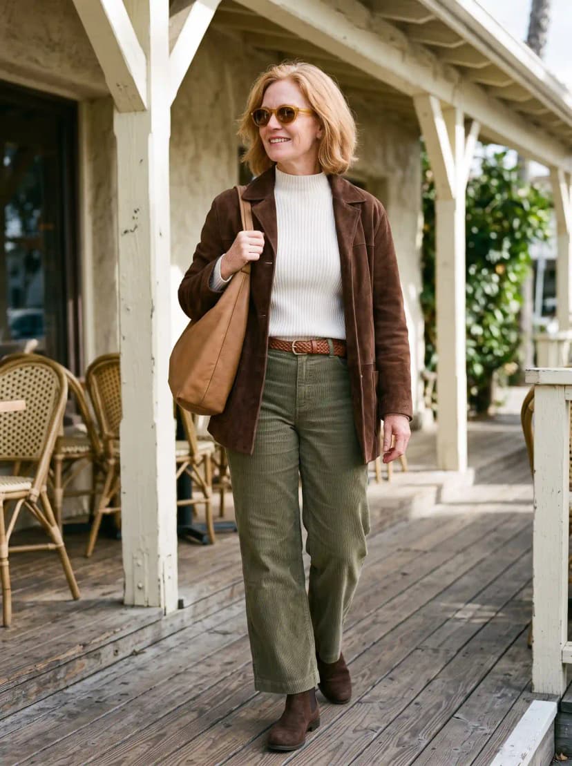 Brown Suede Blazer + White Turtleneck + Olive Corduroy Pants